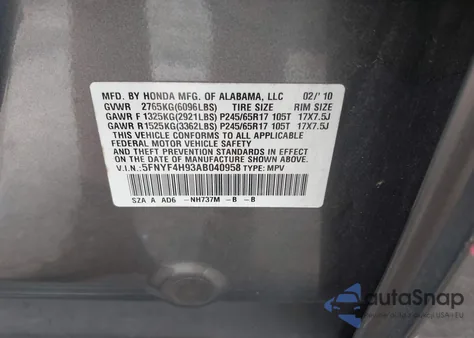 2010 Honda Pilot Touring z USA, uszkodzony, nr VIN 5FNYF4H93AB040958